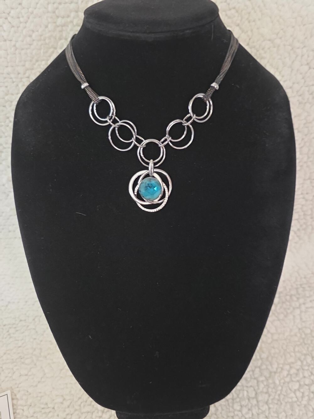 Elegant Boho Chic Blue Crystal Pendant Necklace Silver & Gunmetal Tones NWT